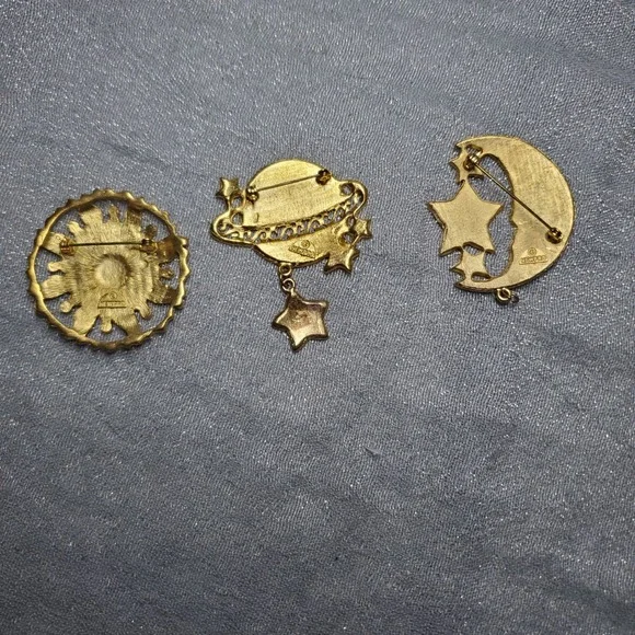 Vtg Newpro Celestial Brooch Full Set Gold Tone Sun Moon Planet Glitter Enamel - Picture 6 of 9